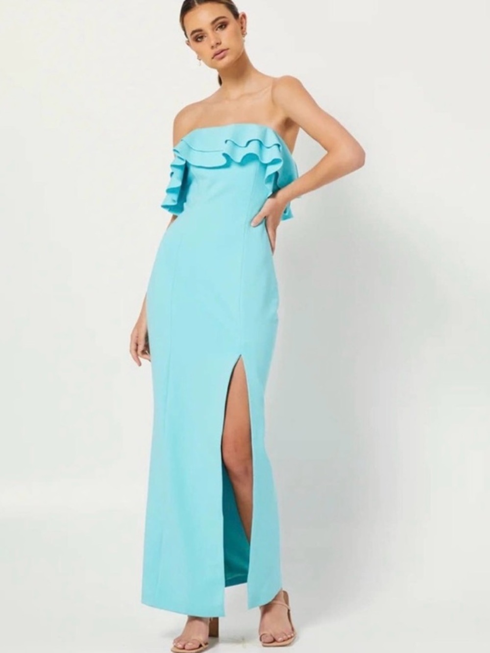 elliatt chimera blue aqua tiered ruffle front strapless maxi dress size XS new